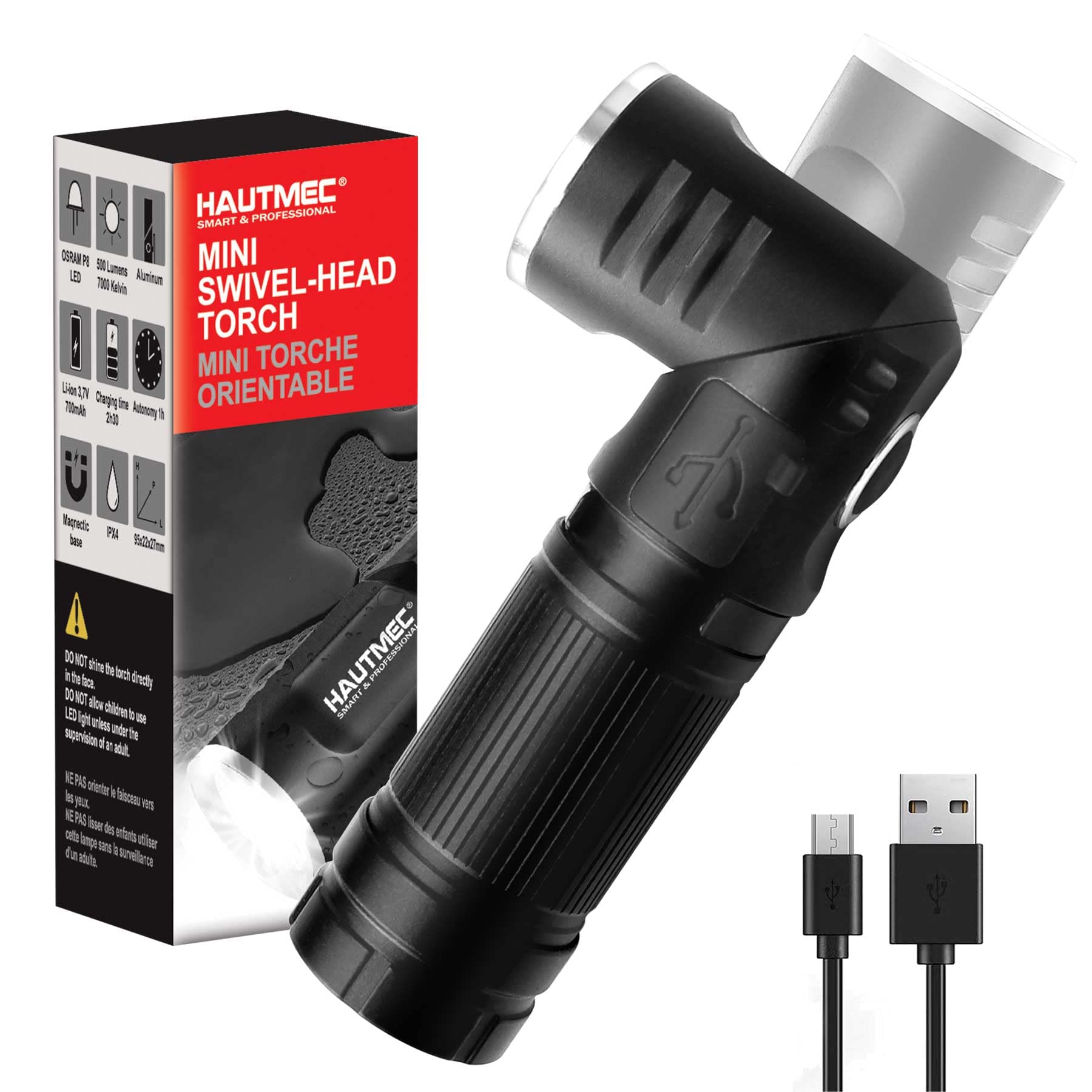 HAUTMEC rechargeable LED flashlight with 500lm for reliable outdoor illumination.