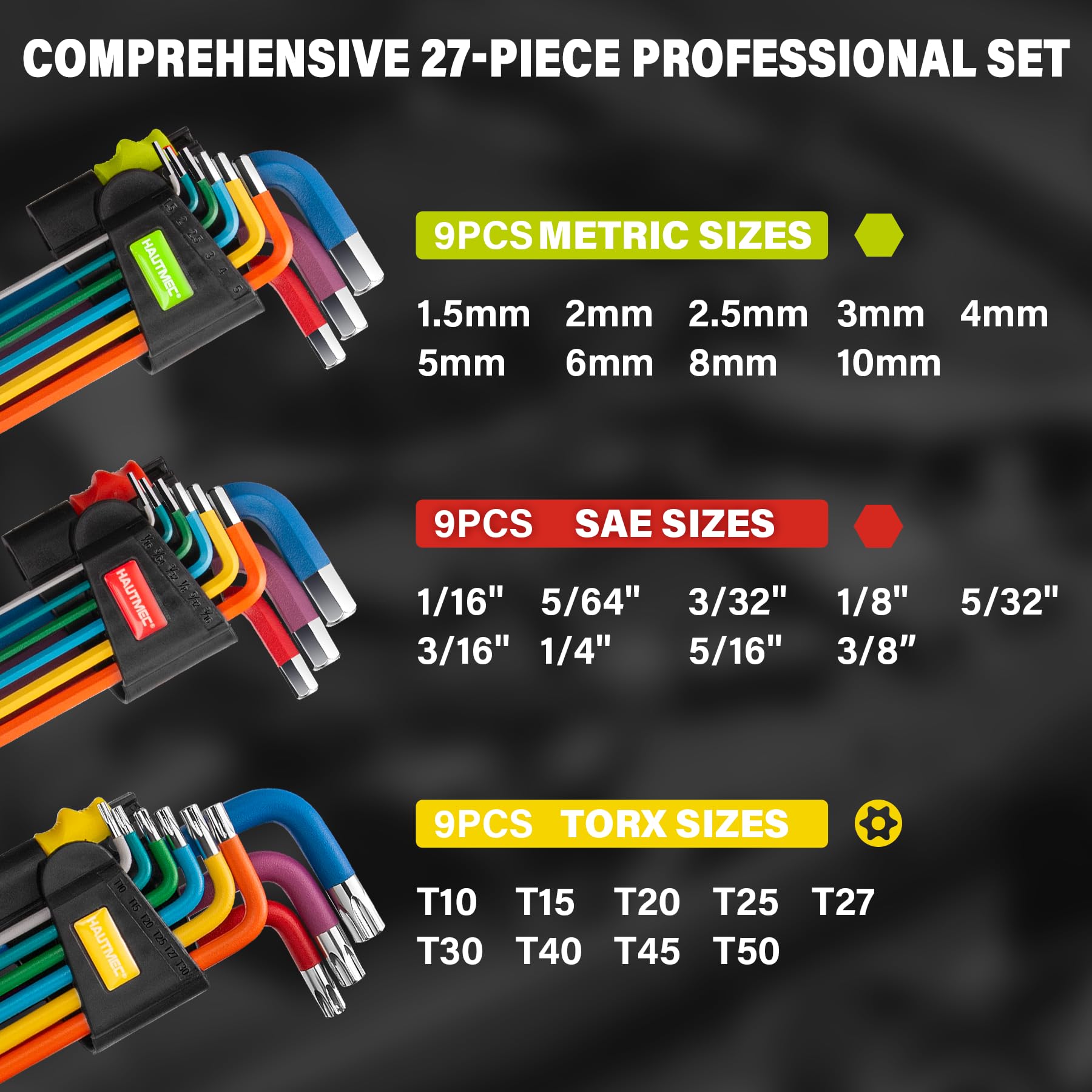 HAUTMEC SAE, Metric and Torx wrenches organized for easy identification.