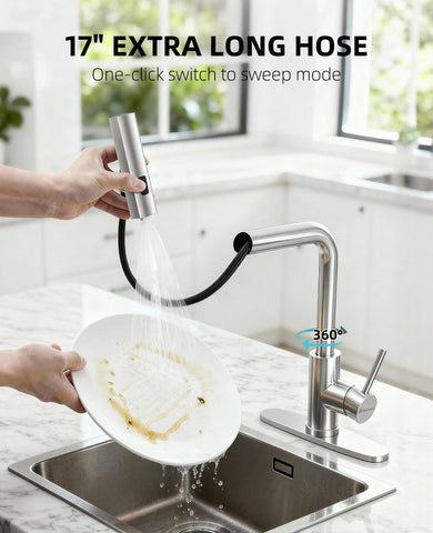 Hauwute 17-inch pull-down hose reaches deep sinks for versatile washing.