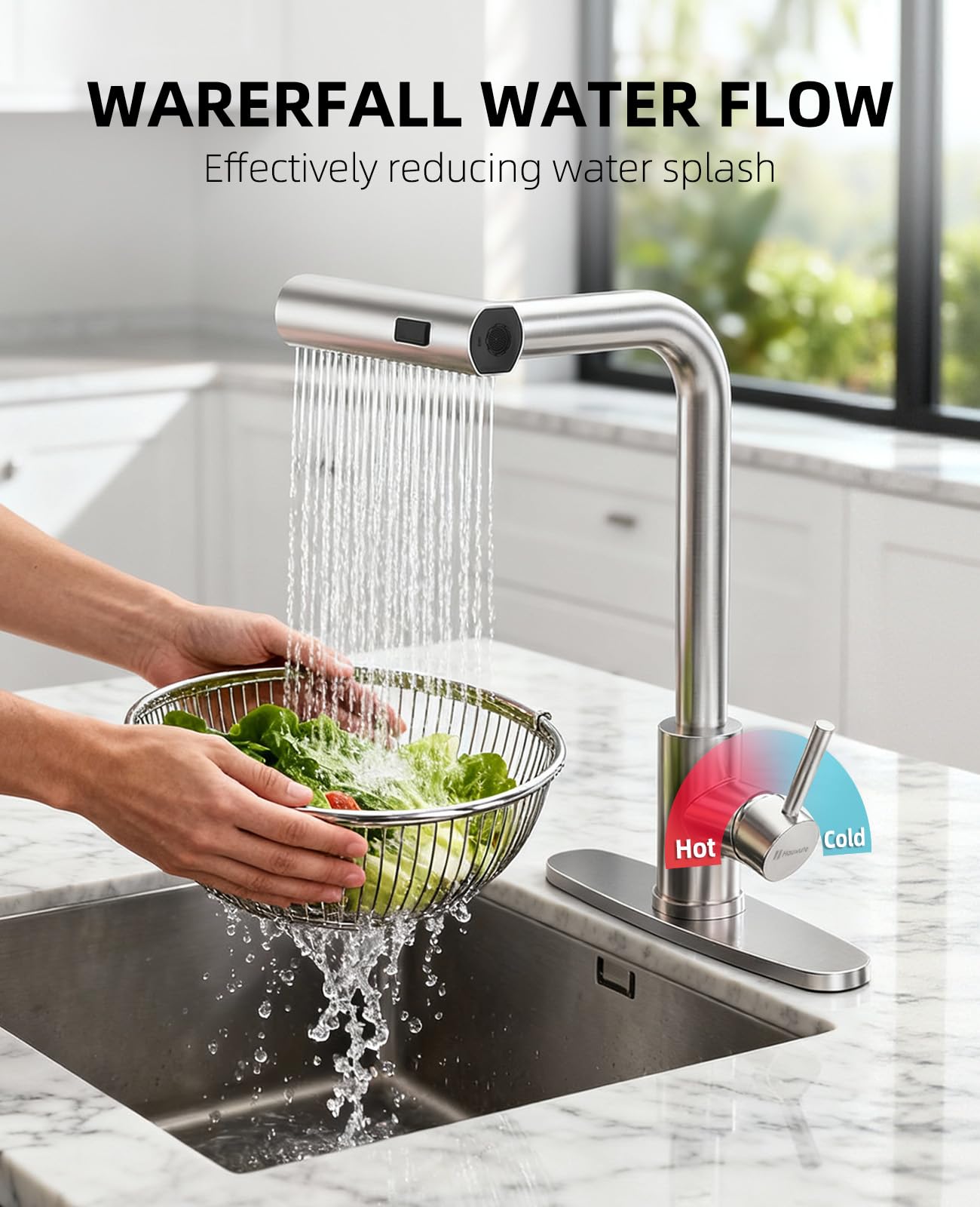 Hauwute stainless steel faucet with 360-degree swivel simplifies kitchen cleanup.