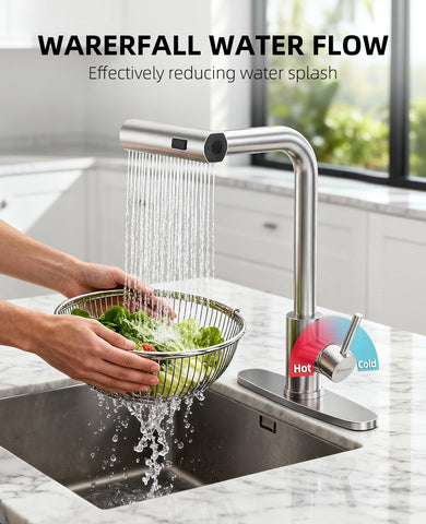 Hauwute stainless steel faucet with 360-degree swivel simplifies kitchen cleanup.