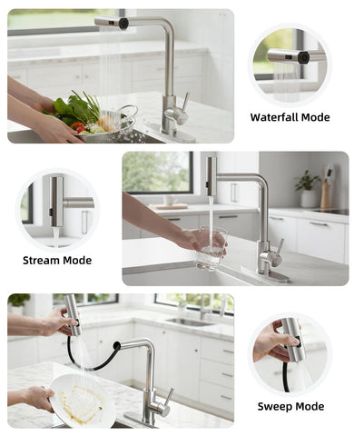 Hauwute pull-down sprayer faucet offers flexible reach for filling tall pots.
