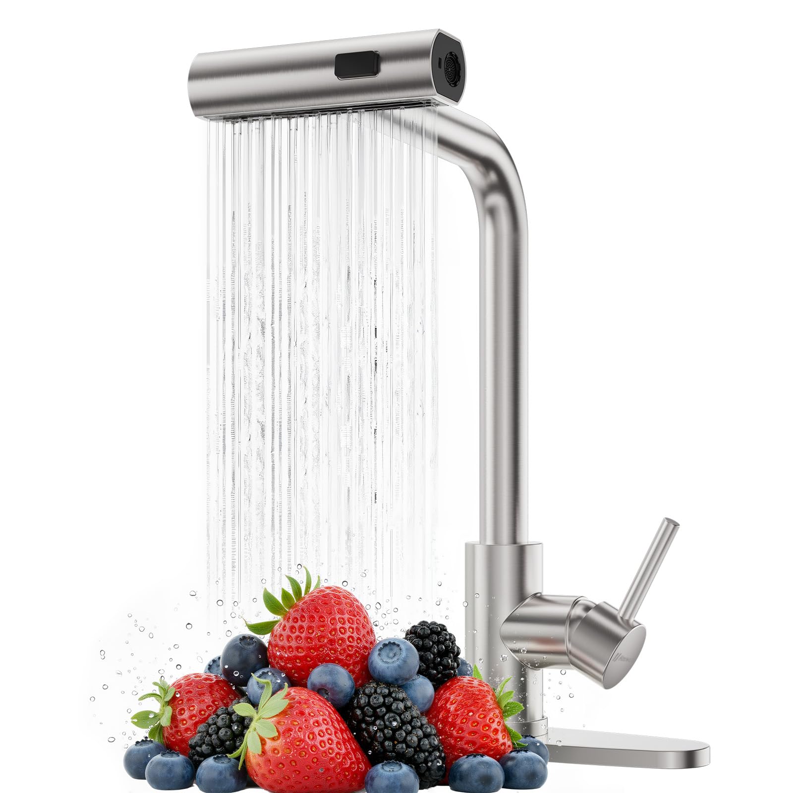 Hauwute Waterfall faucet with brushed-nickel spout provides a gentle stream for produce rinsing.