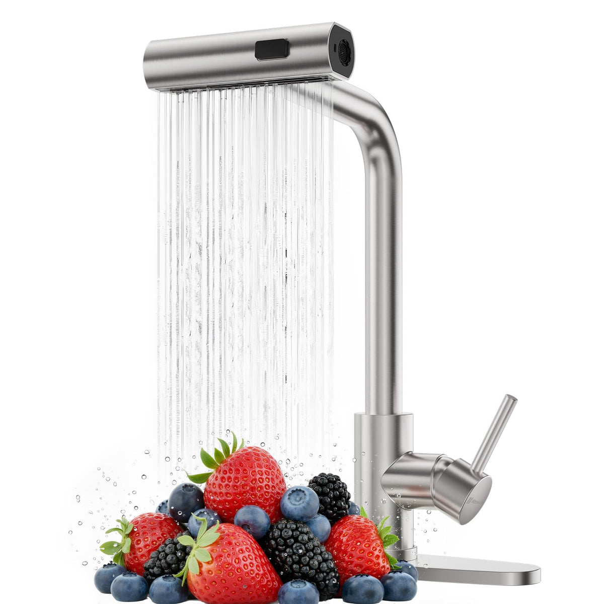 Hauwute Waterfall faucet with brushed-nickel spout provides a gentle stream for produce rinsing.