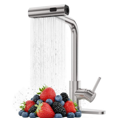 Hauwute Waterfall faucet with brushed-nickel spout provides a gentle stream for produce rinsing.