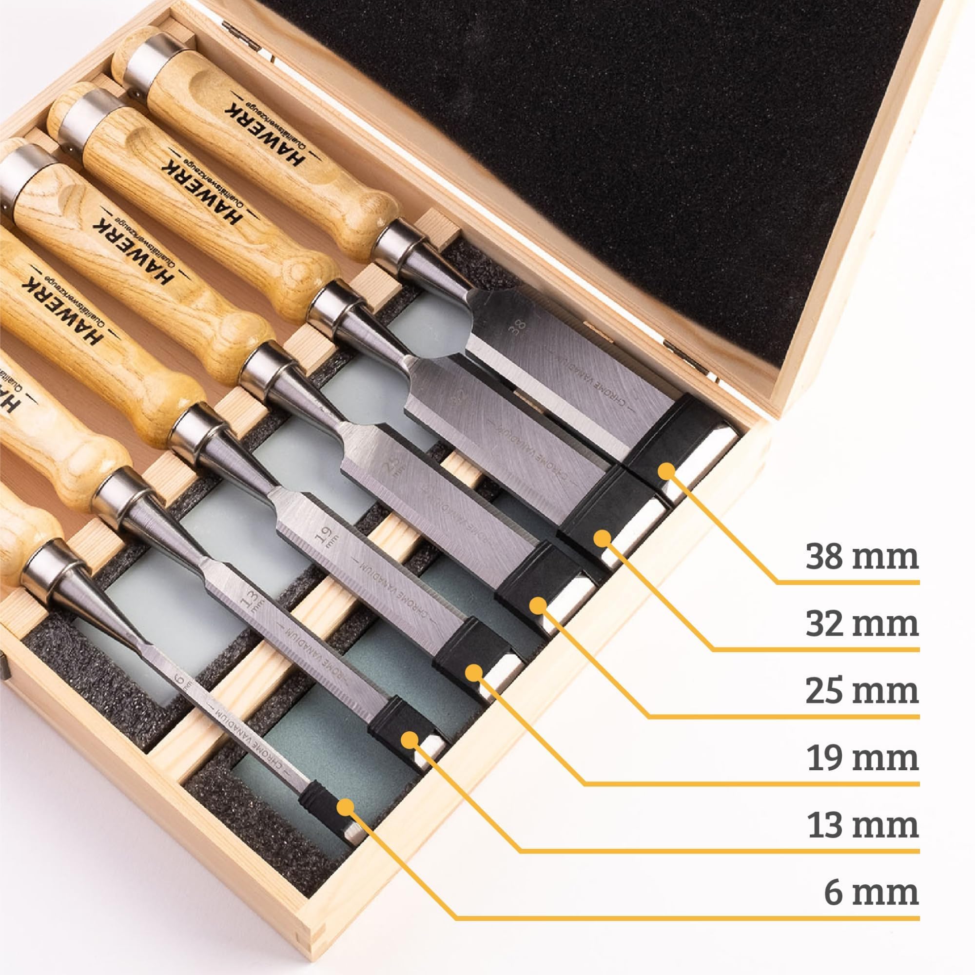 Hawerk chisels with six to thirty-eight millimeter blades for precise carving.