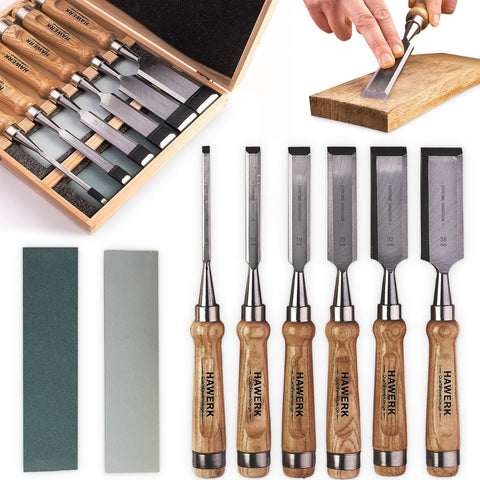 Hawerk wood chisel set in wooden case for organized storage and quick access.