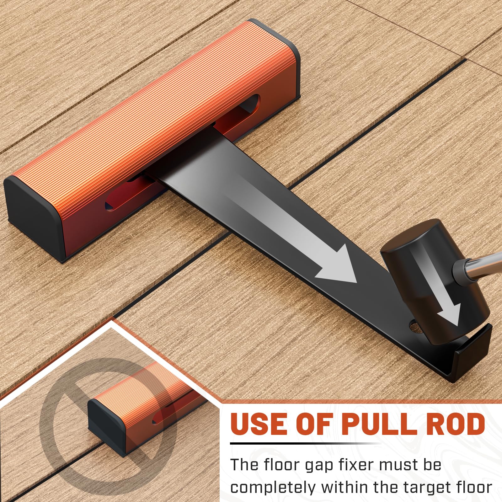 Hazztoll floor gap fixer with pull rod demonstrating tight grip on planks