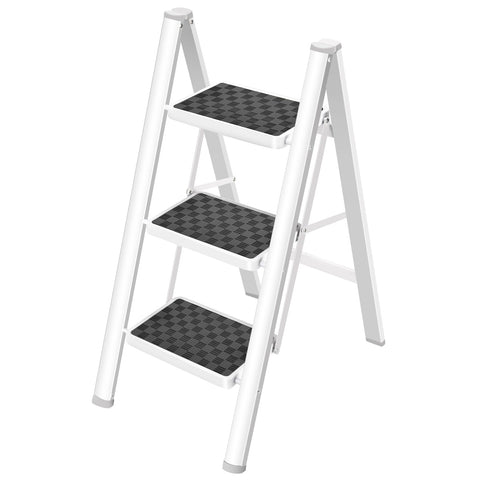 HB Tower 3-step ladder folded compact for easy storage and quick access.