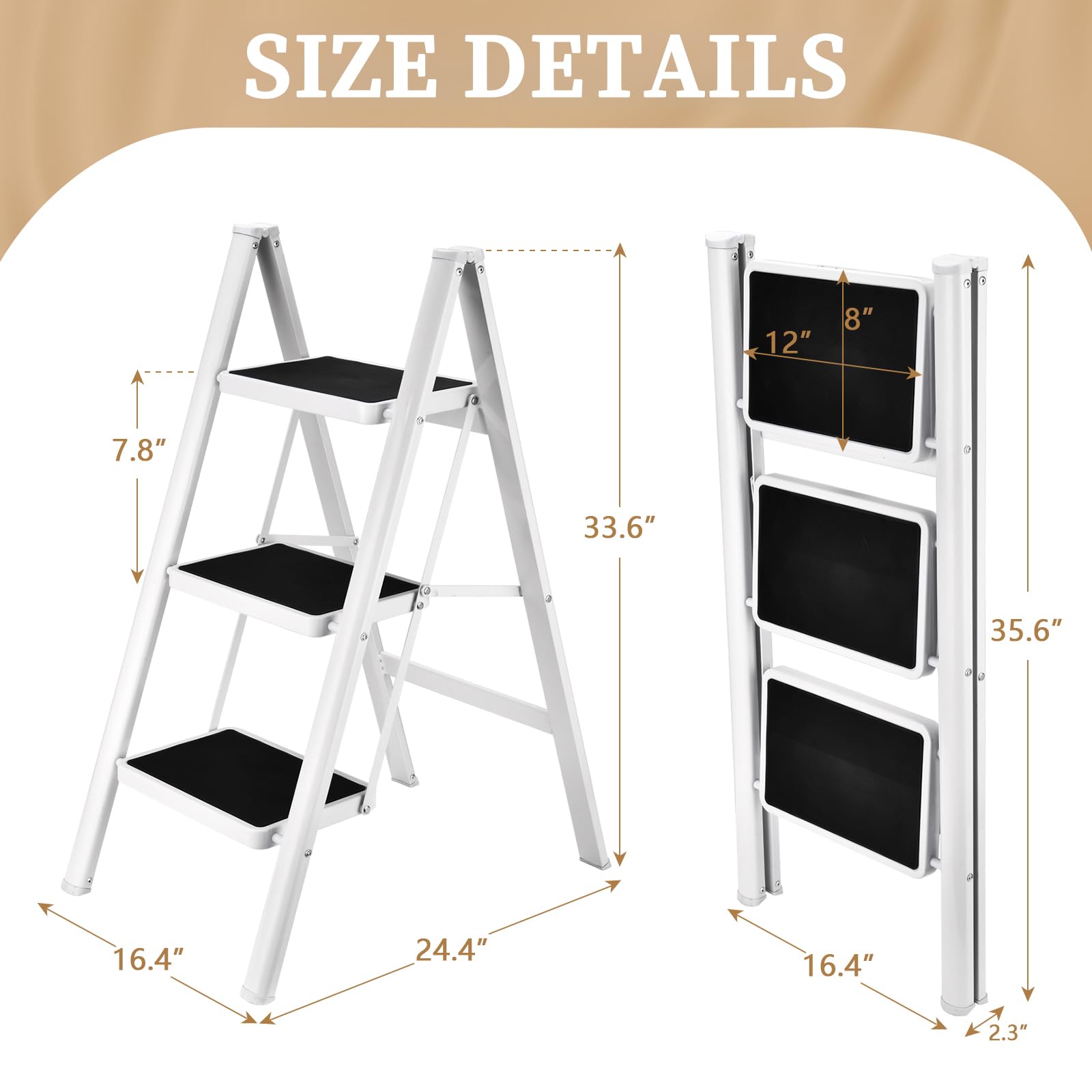 HB Tower 3-step ladder open height for high cabinet reach.