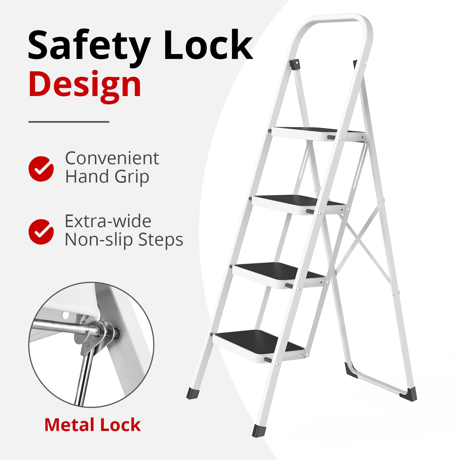 HBTower folding step ladder opened for reaching high shelves safely.
