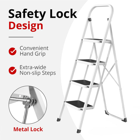 HBTower folding step ladder opened for reaching high shelves safely.