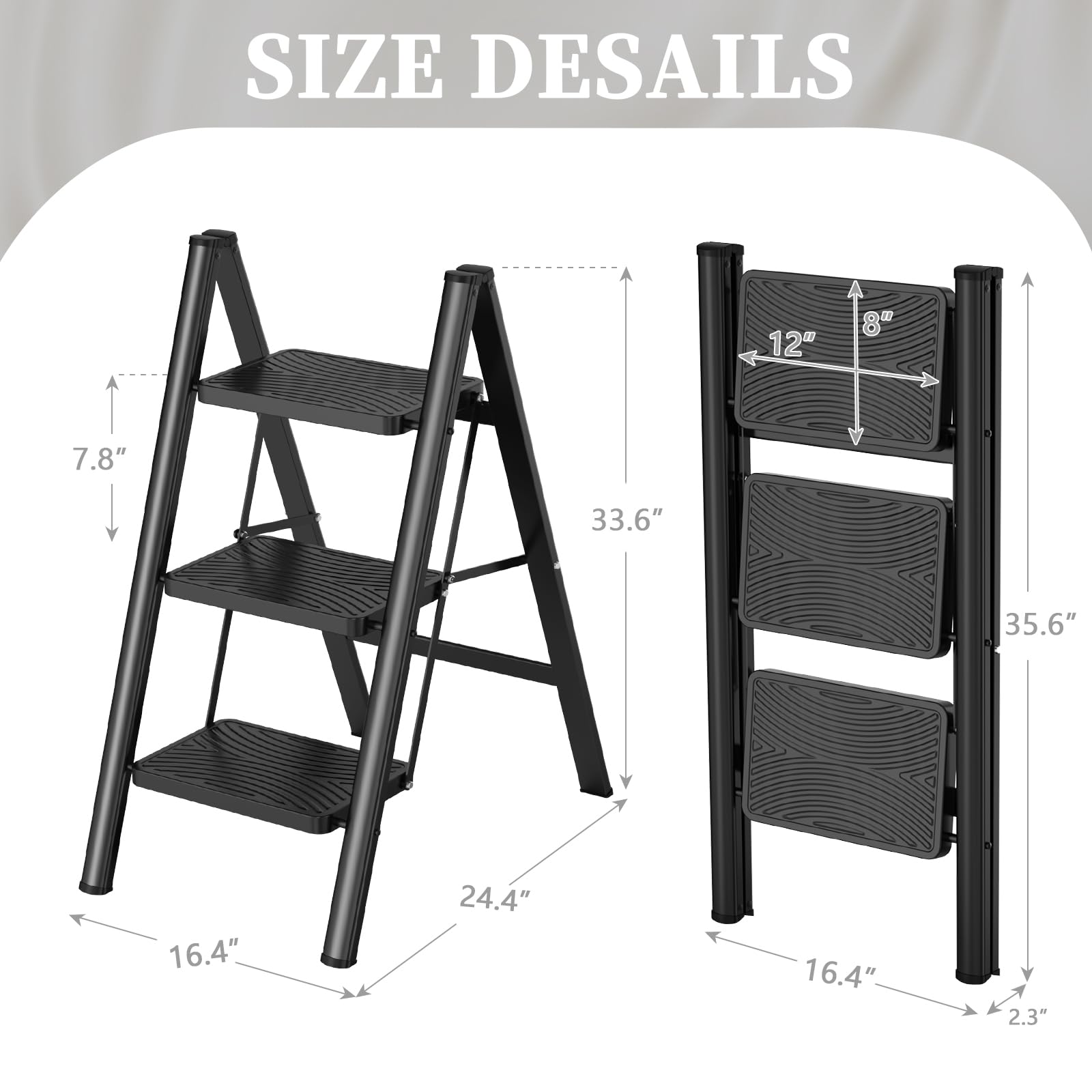 HBTower 3-step folding ladder folded compact for tight storage spaces.