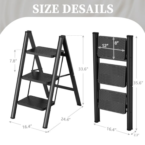 HBTower 3-step folding ladder folded compact for tight storage spaces.