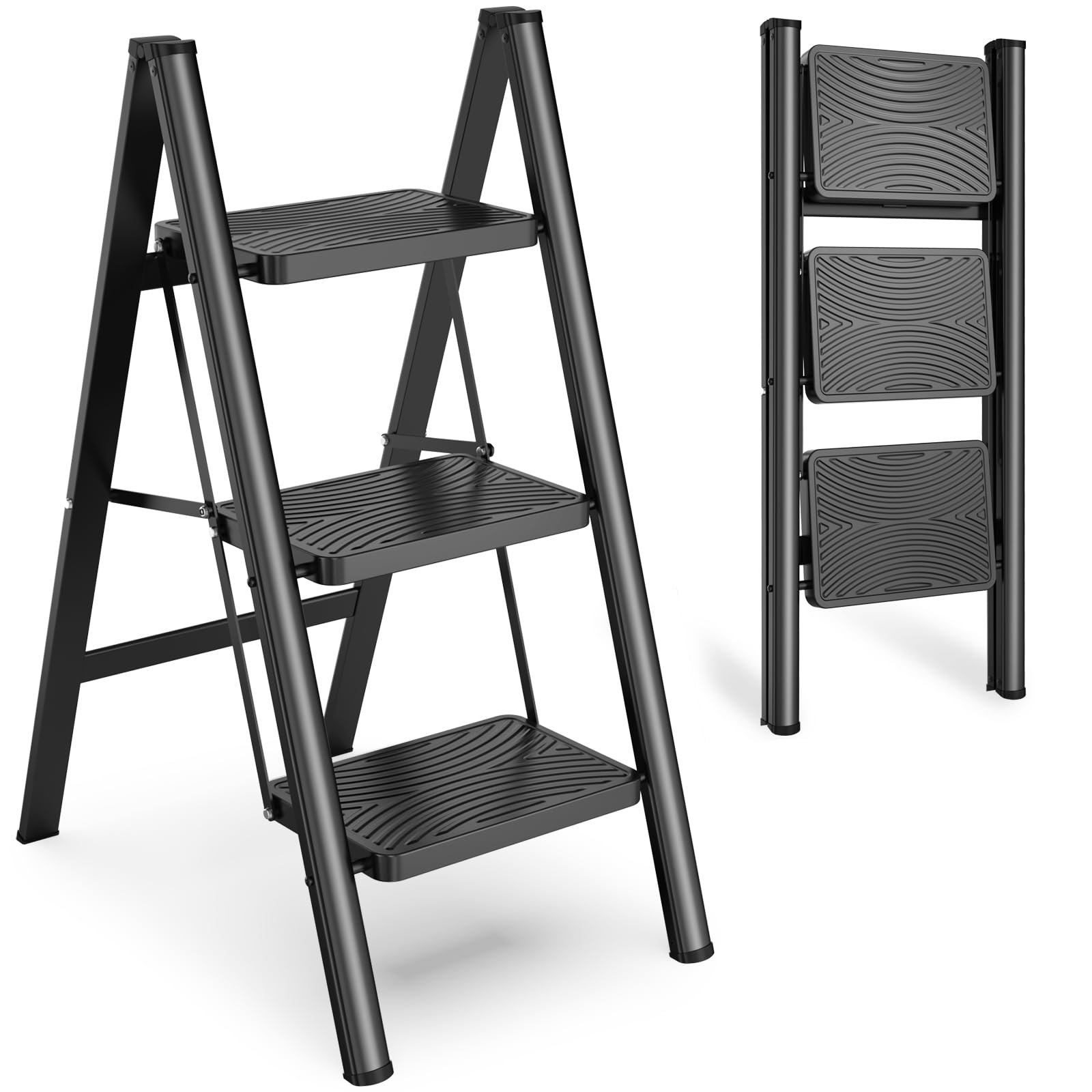 HBTower 3-step folding ladder front view for easy reach in home tasks.