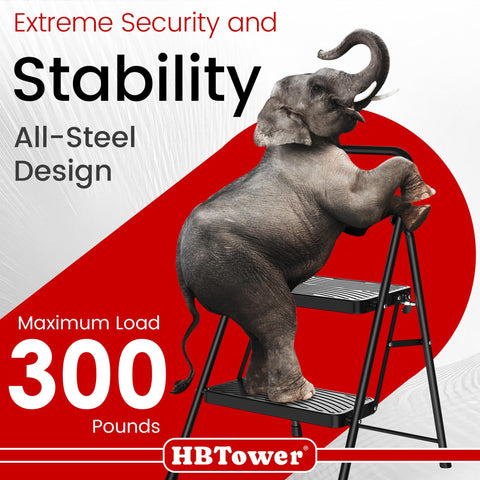HBtower wide-step ladder provides extra security on tall tasks.