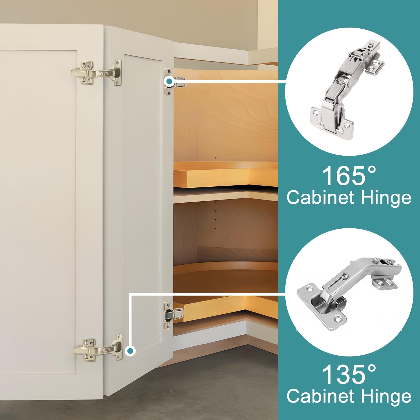 HBL' 135° hinges are designed for edge-overlapping cup hole compatibility.