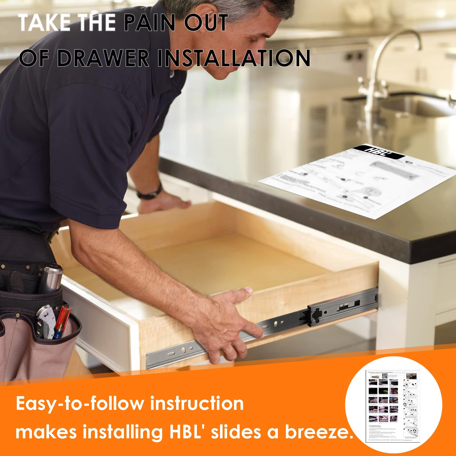 HBL 200 lb capacity drawer slide supports heavy contents.