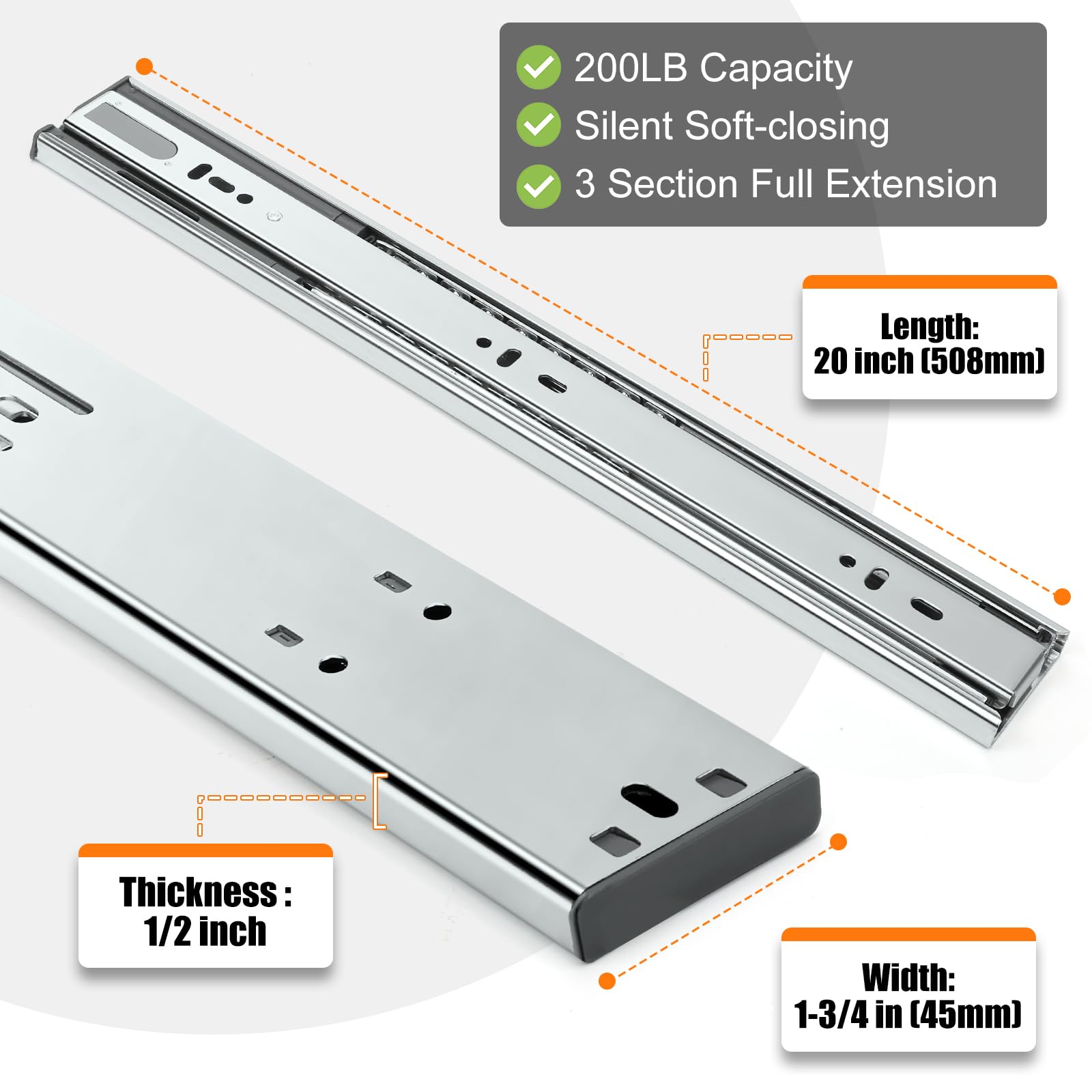 HBL 20-inch drawer slide with standard US-length and precise fit.