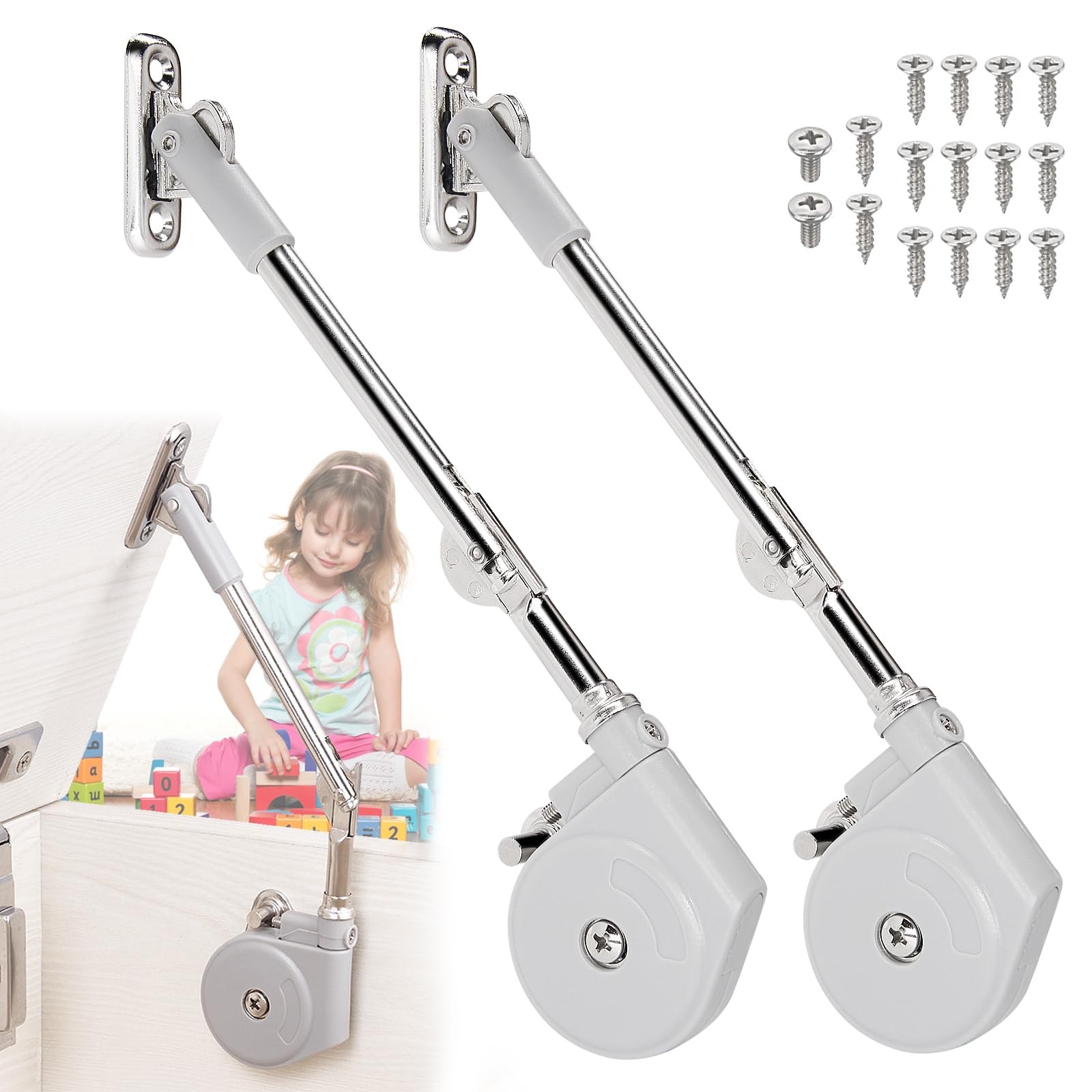 HBL 2 Pack Soft Close Hinges on a toy box demonstrate quiet, safe lid closing.