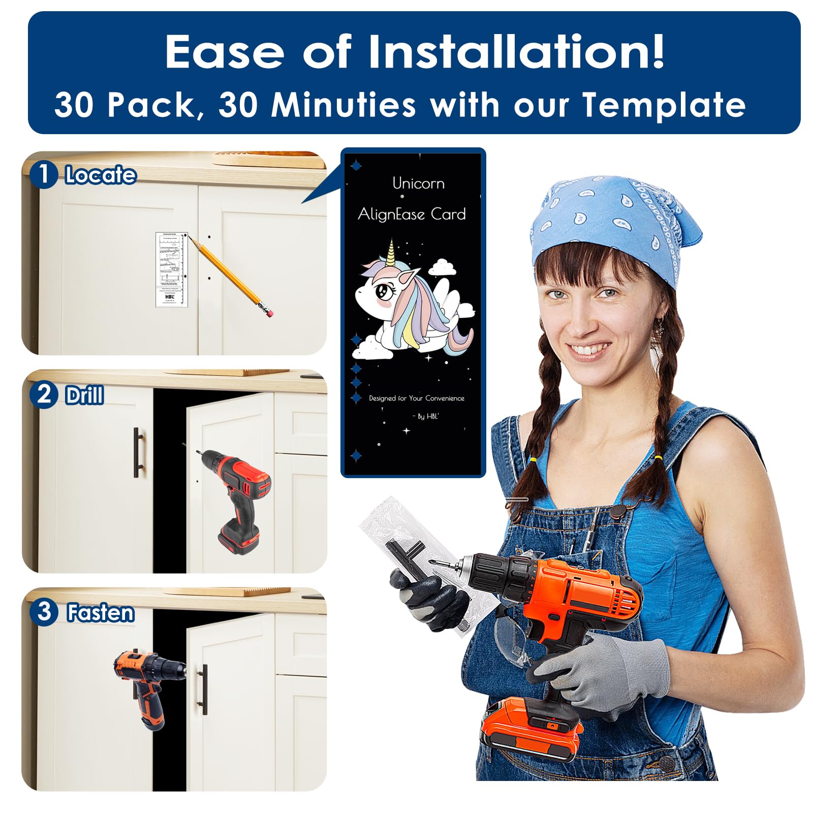 HBL' 3-inch pulls include installation template for hassle-free mounting on cabinets.