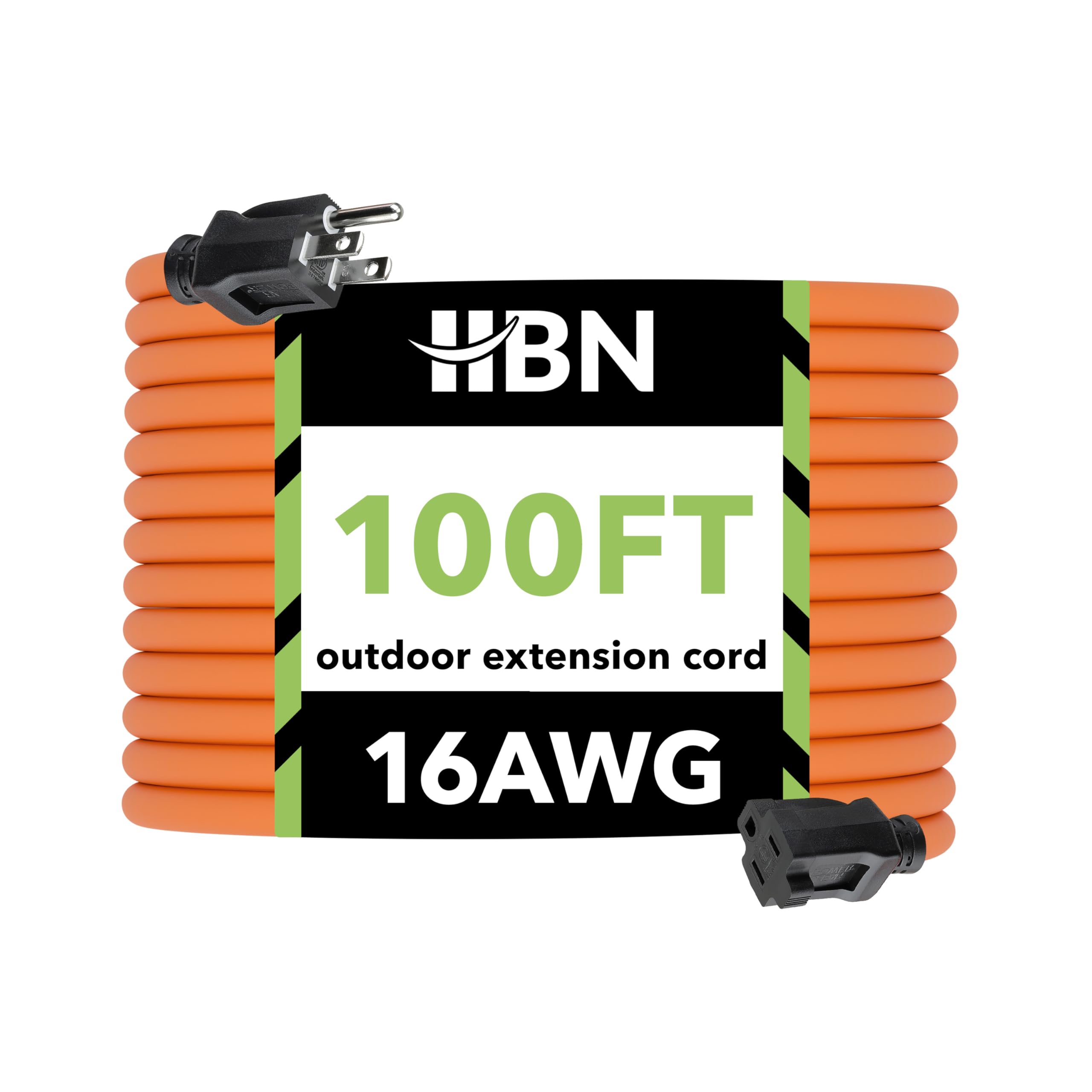 HBN 100-foot outdoor extension cord unrolled for heavy-duty use.