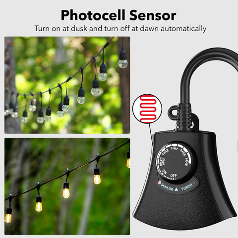HBN three-grounded outlet timer powering Christmas lights with dusk-to-dawn automation.