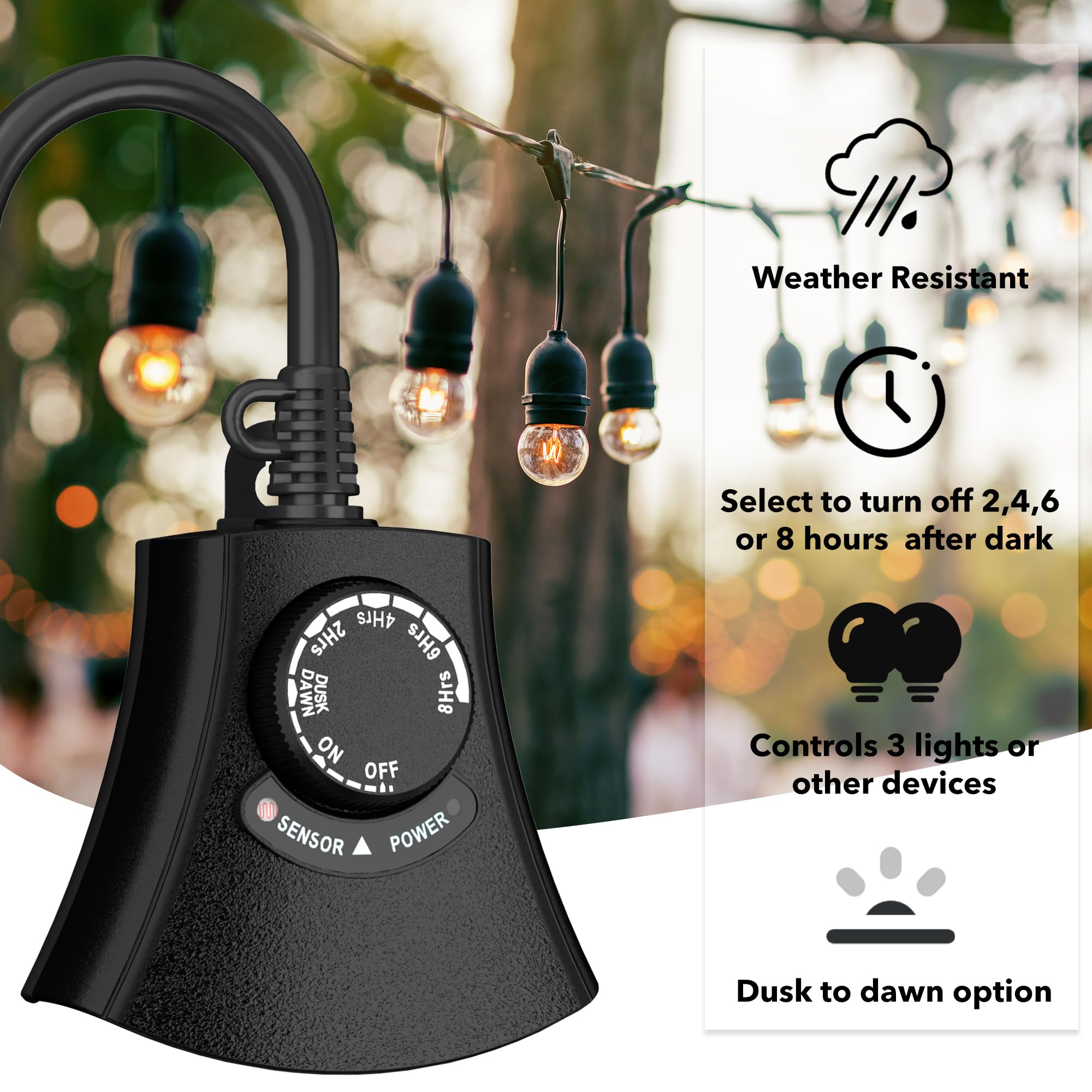 Flat plug design saves space on crowded outdoor outlets for HBN timer.