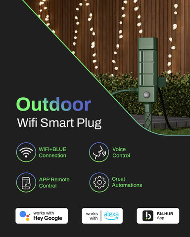 HBN outdoor smart plug stake side view showing six grounded outlets