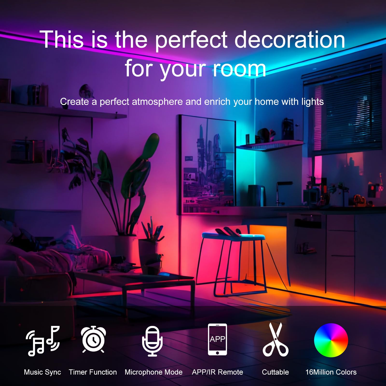 HBOWMDJIA RGB LED strips changing colors to match mood and decor.