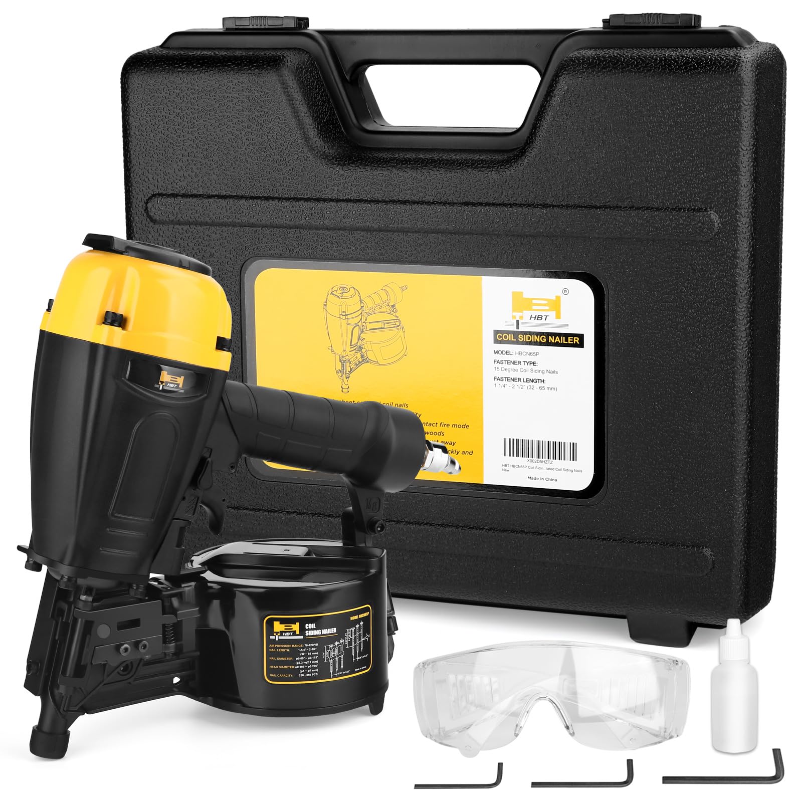 HBT HBCN65P 15-degree coil siding nailer ready for siding installation with fasteners