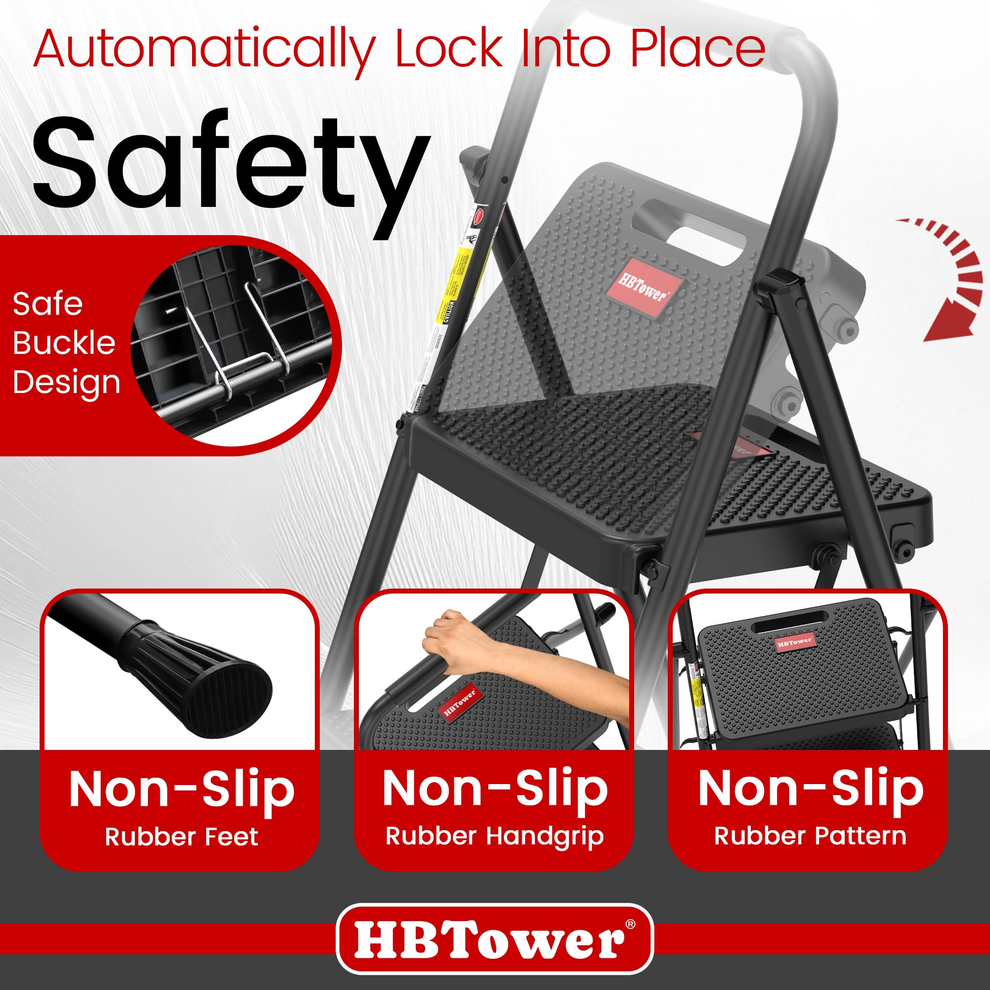 HBTower ladder with wide anti-slip pedals ensures secure footing.