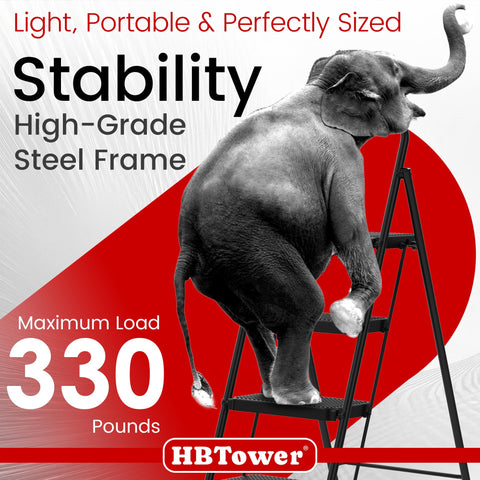 HBTower step ladder folds flat for space-saving storage.
