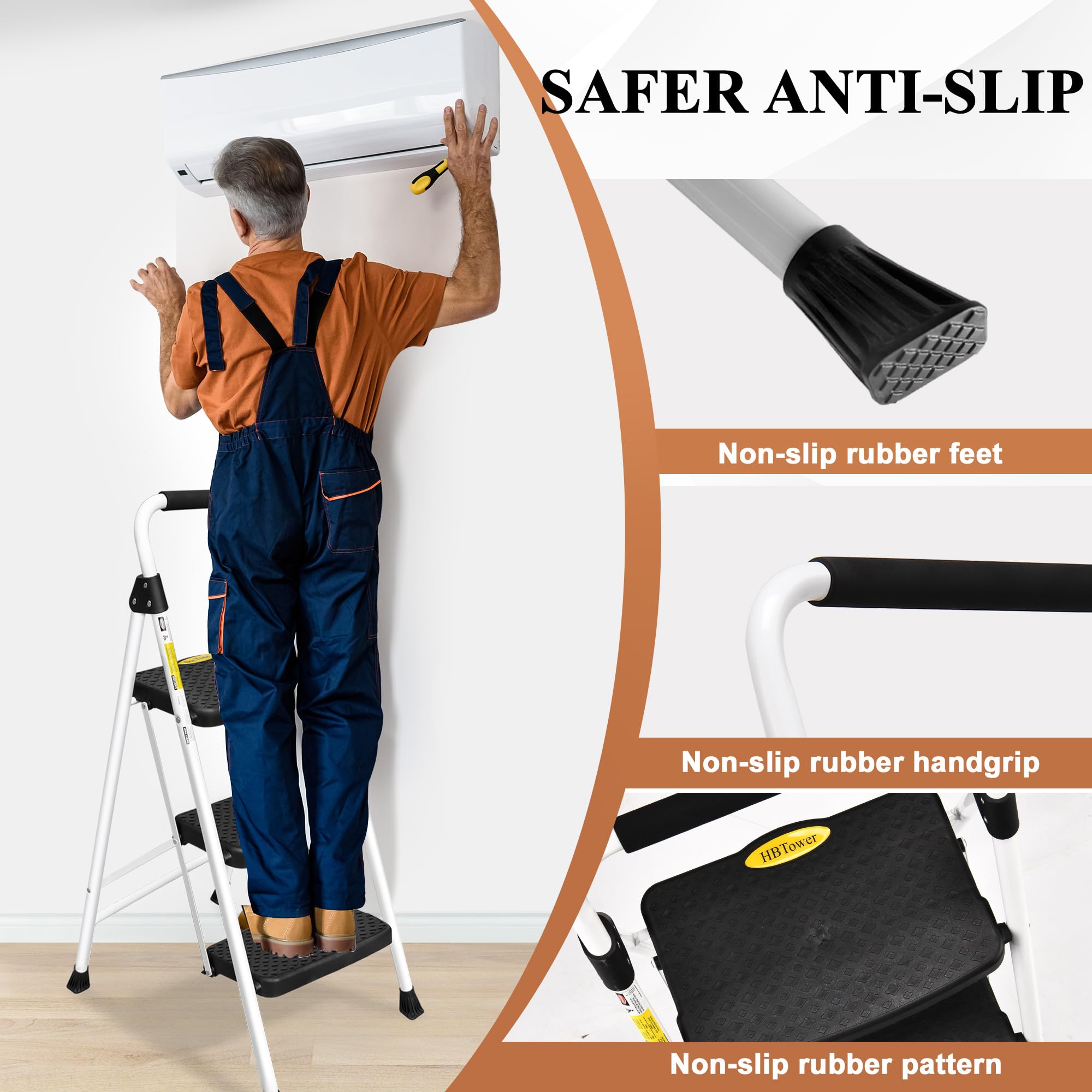 Non-slip wide treads and cushioned handle improve grip and comfort