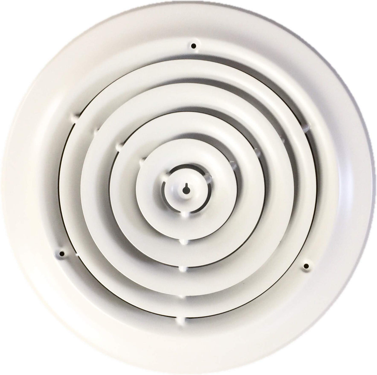 HBW round ceiling diffuser in white showing assembly for even air distribution