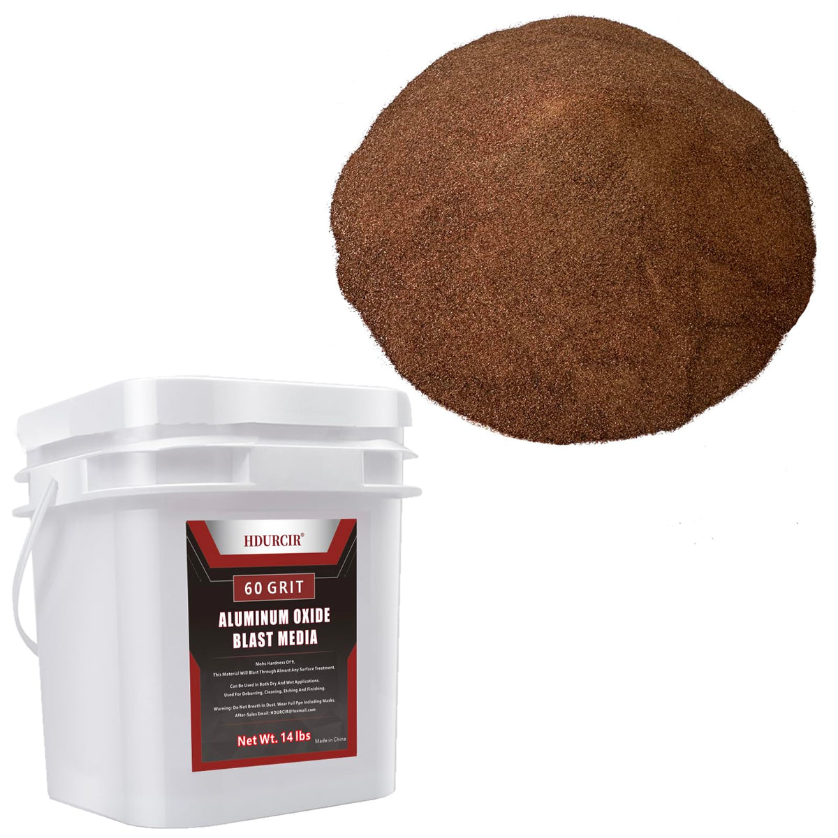 HDURCIR aluminum oxide 60 grit 14lb bucket for versatile blasting media storage.