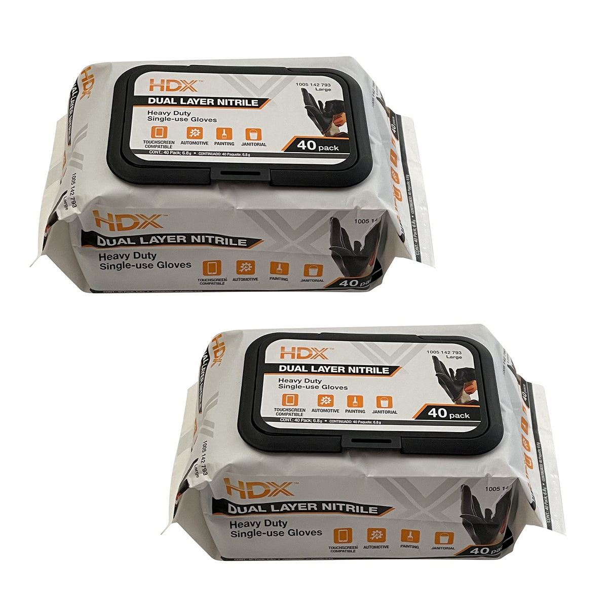 HDX black dual-layer nitrile gloves with orange interior for tear detection during tasks