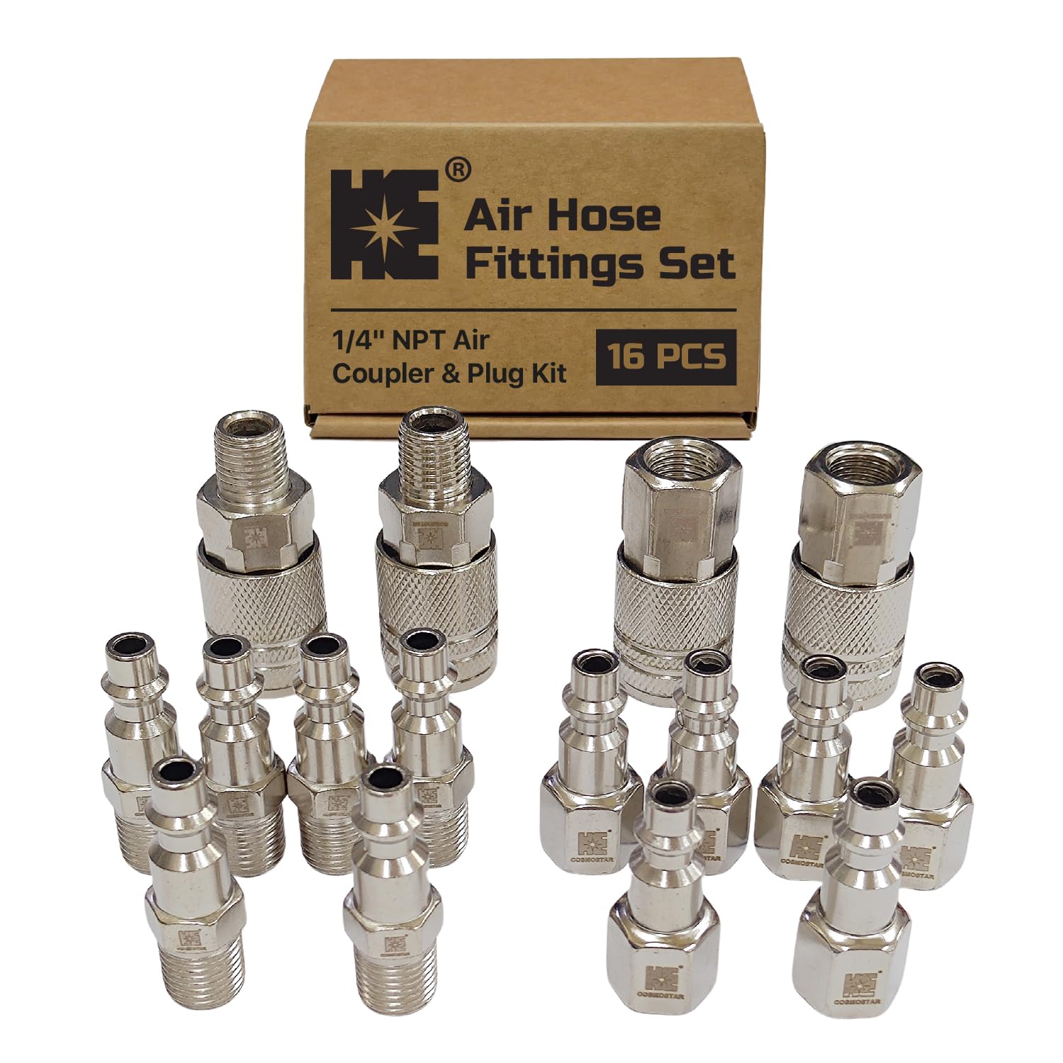 Cosmostar 16-piece air fittings set in a box for organized storage and quick access