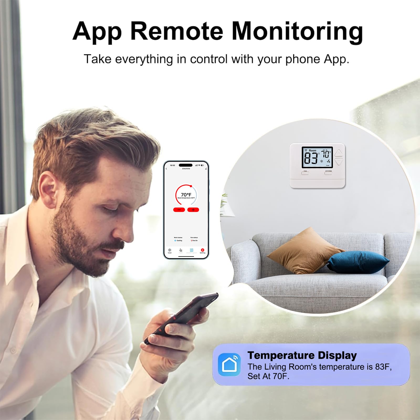 Heagstat thermostat app control on mobile for remote temperature management.