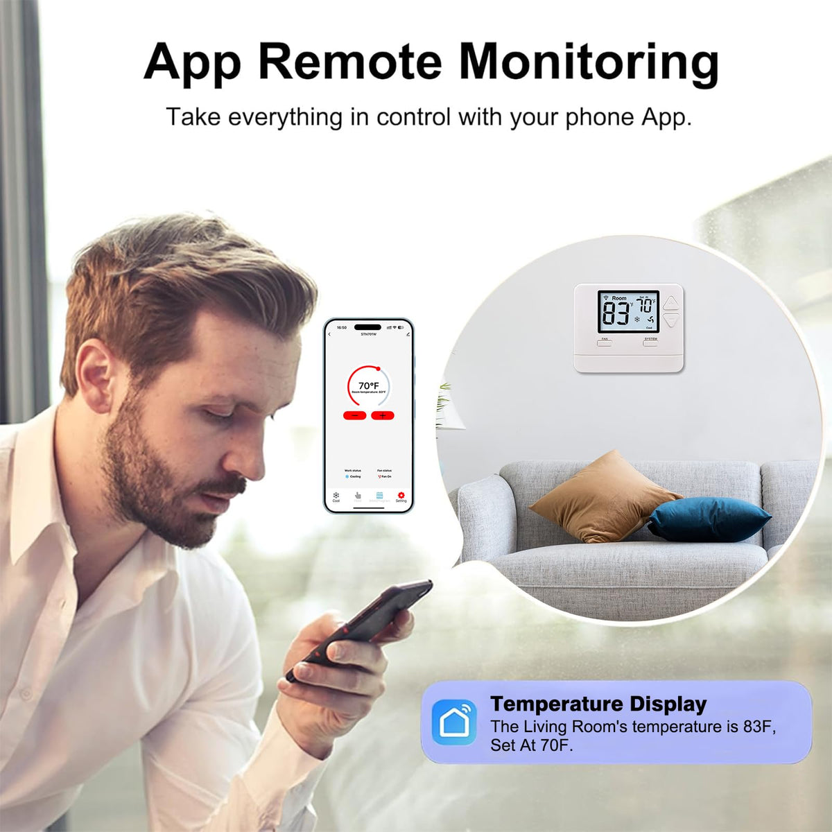 Heagstat thermostat app control on mobile for remote temperature management.