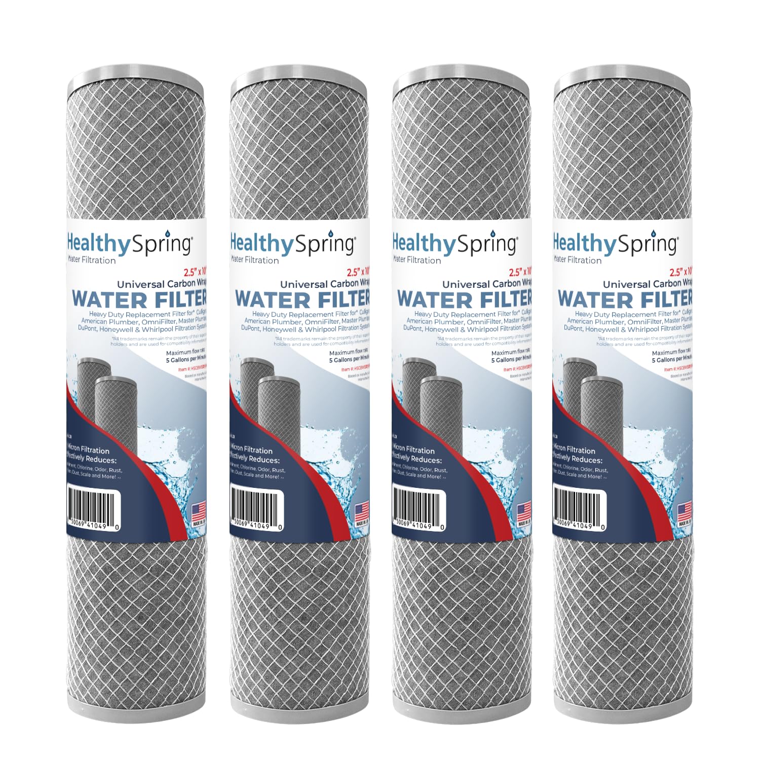 Healthy Spring 5 micron filter front view, compact cartridge for reliable whole-house filtration.