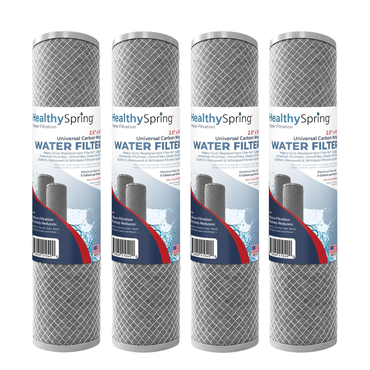 Healthy Spring 5 micron filter front view, compact cartridge for reliable whole-house filtration.