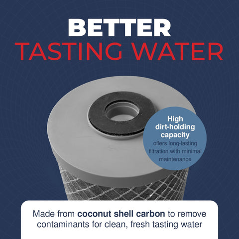 Healthy Spring CTO carbon filter in housing, simple replacement and steady flow.