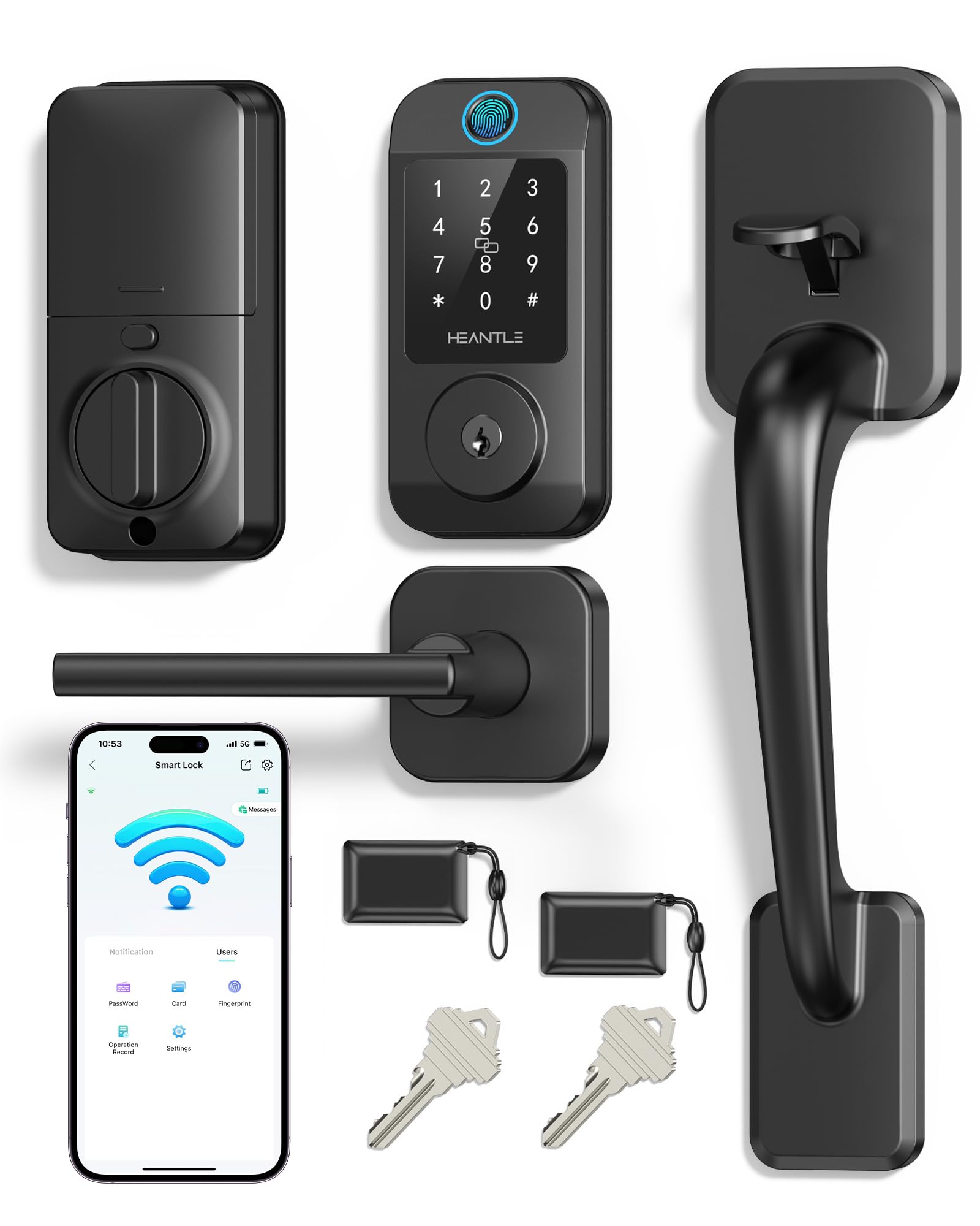 HEANTLE WiFi front door lock setup illustrating wireless access and app control