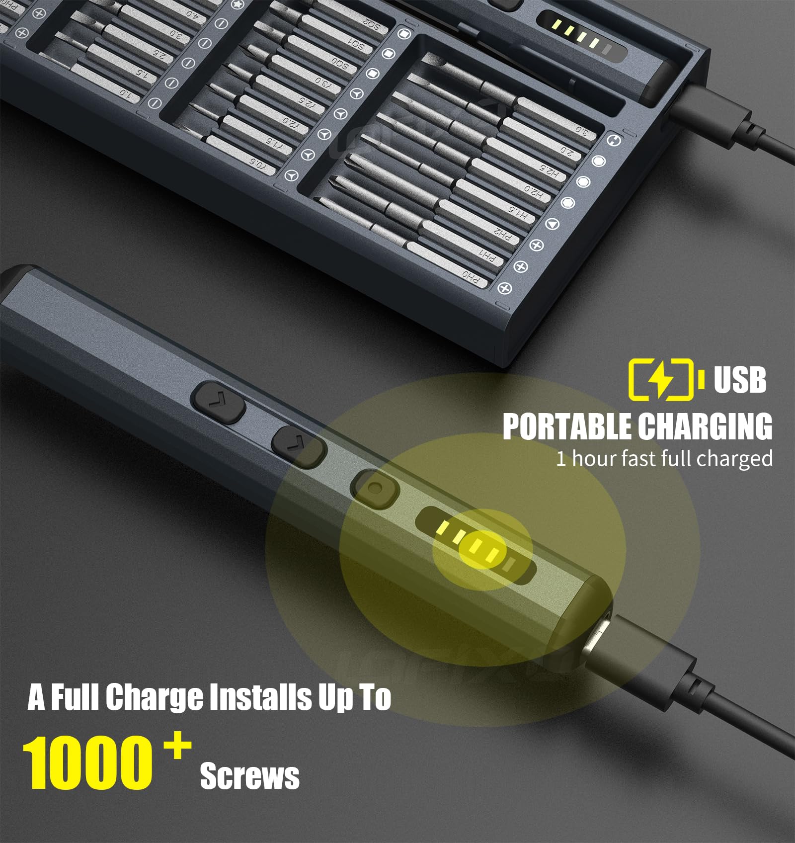 HEARTHFUN electric screwdriver USB-C charging indicator enables quick top-ups.
