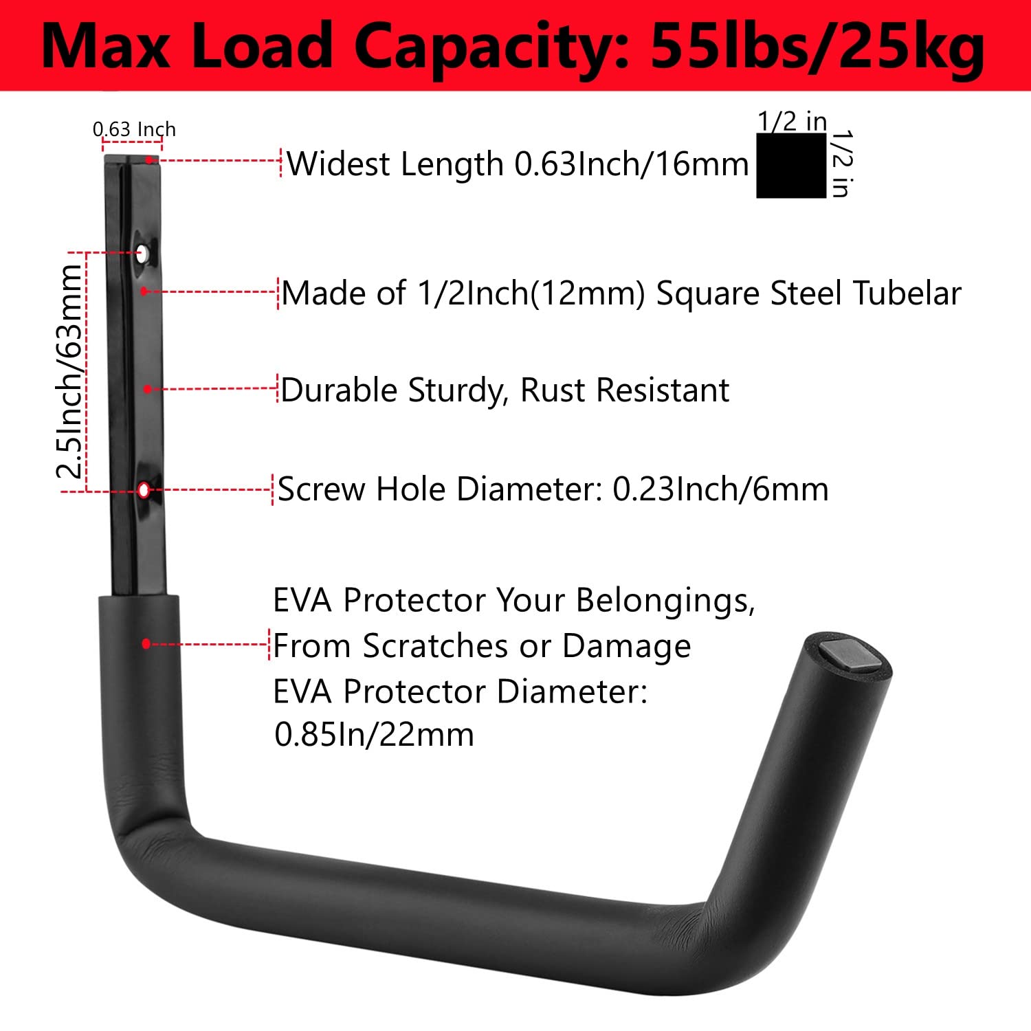 Heavdace 12-inch arm hook supports bicycles securely in compact spaces.