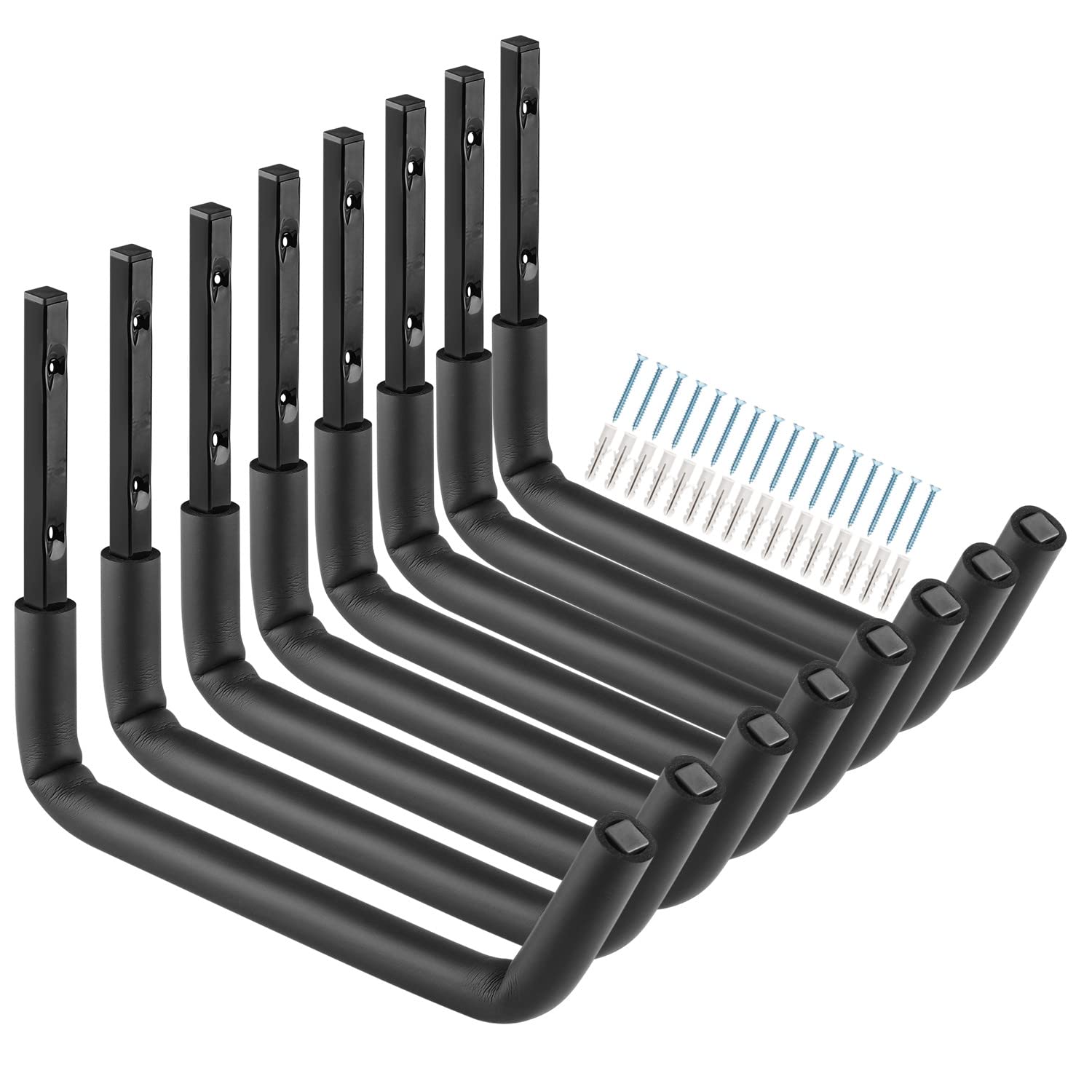 Heavdace garage ladder hook with 12-inch arm secures bicycles and tools.