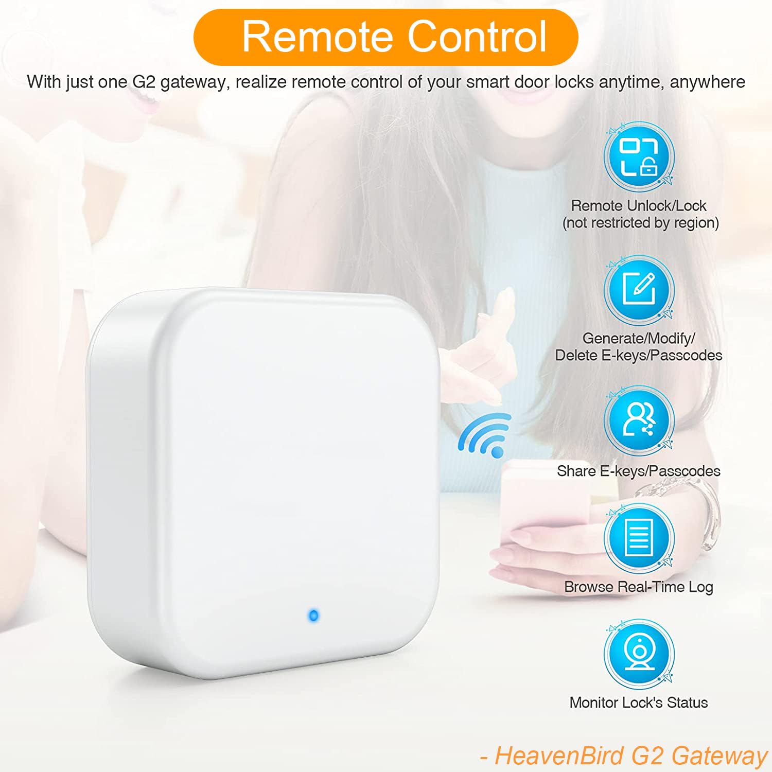 HeavenBird G2 gateway displays 2.4GHz Wi-Fi connectivity for stable control.