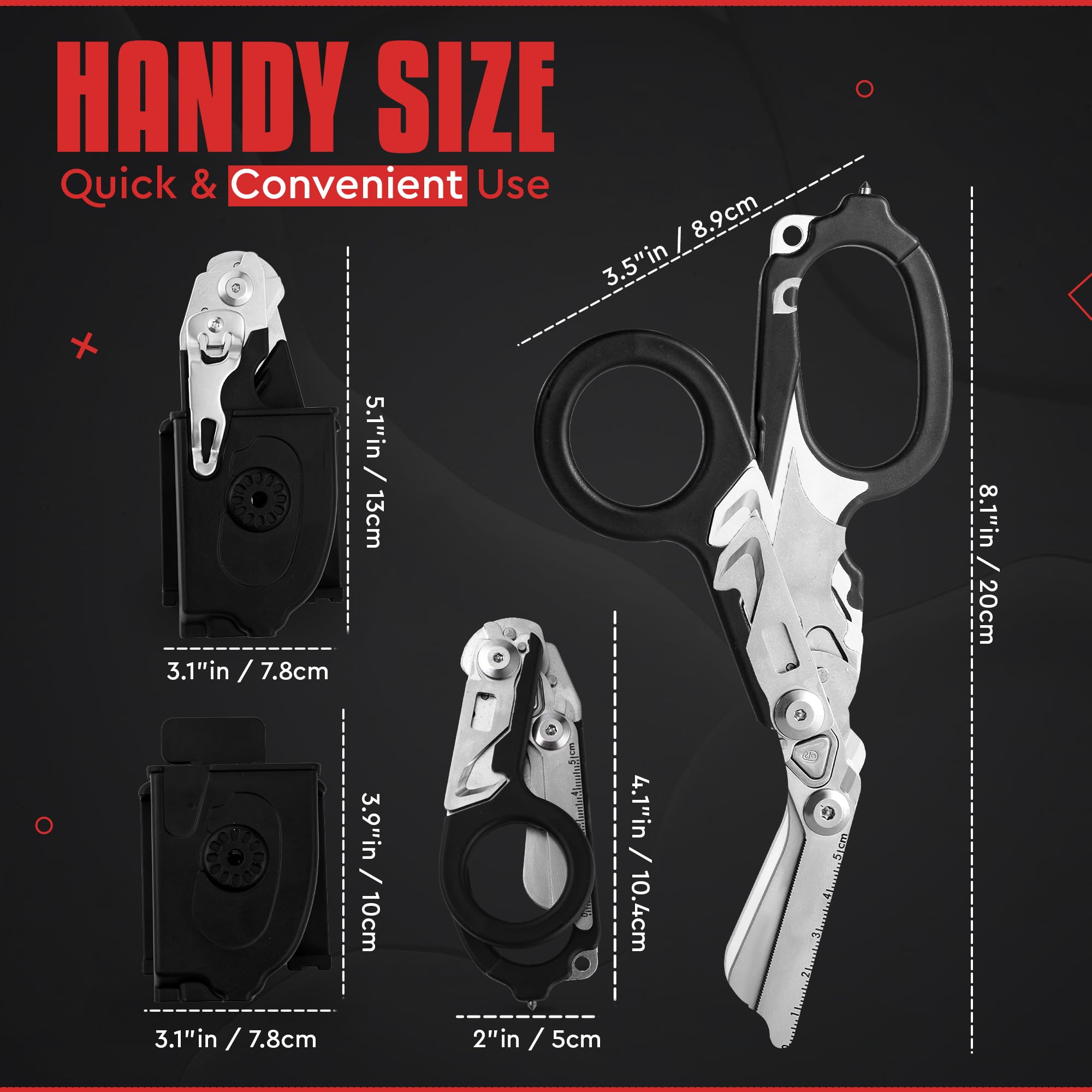 Heavy Duty 6in-1 trauma shears holster ready for quick access on hikes.