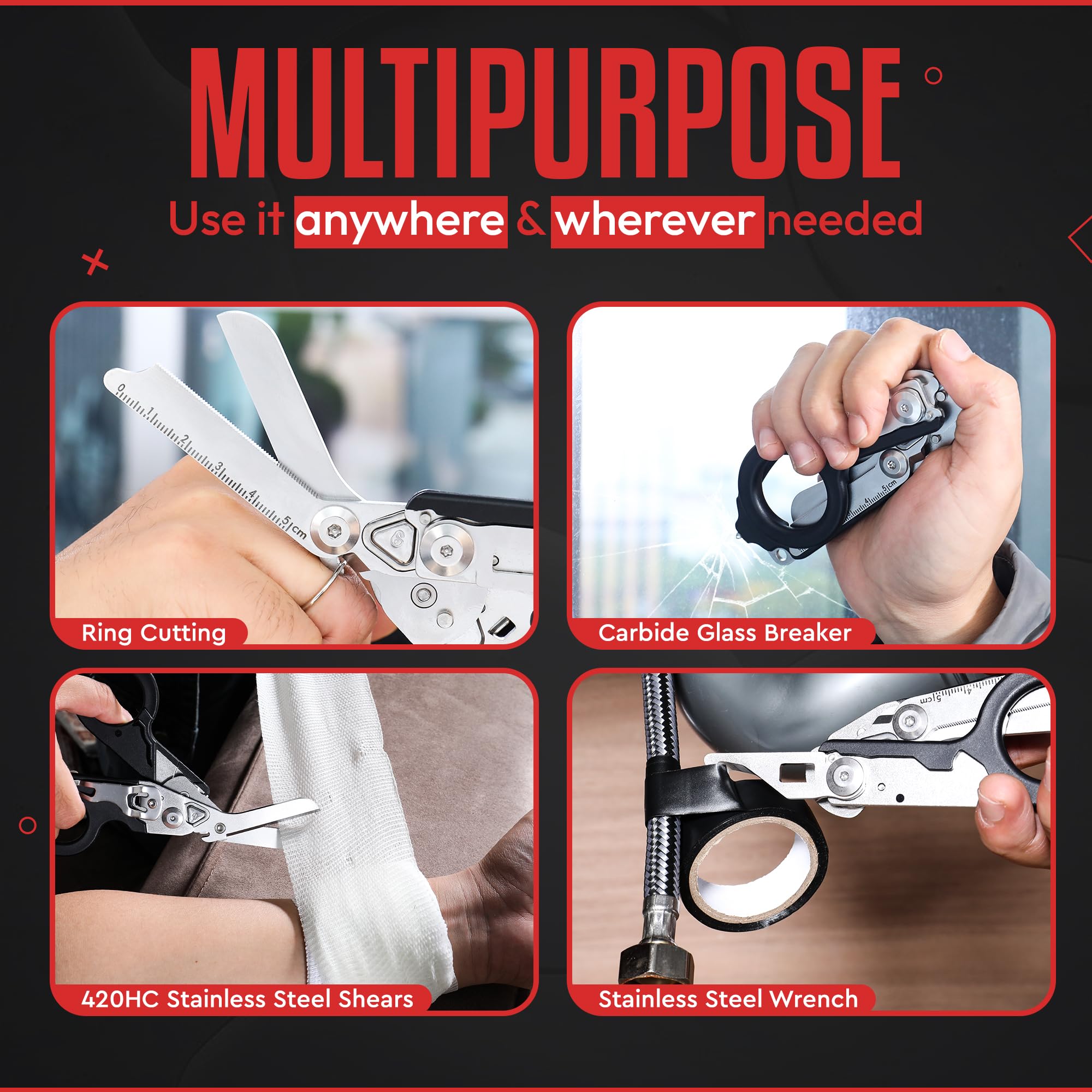 Heavy Duty 6in-1 trauma shears ruler helps quick measurements on site.
